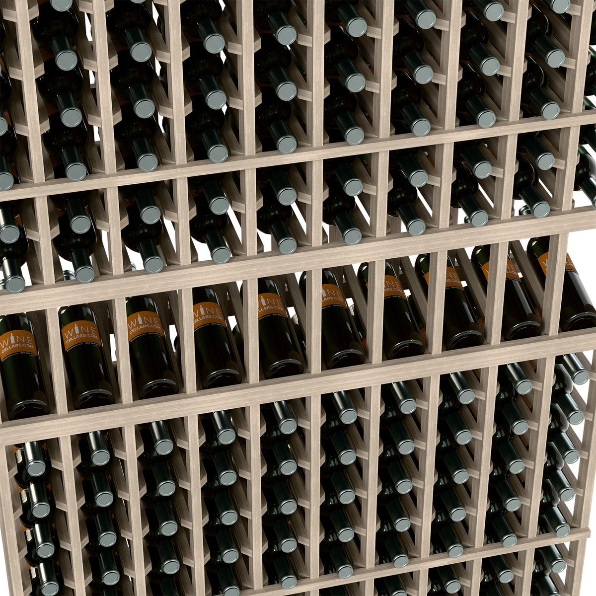 Close-up of 10-column wine display rack showing bottle necks in cubby slots