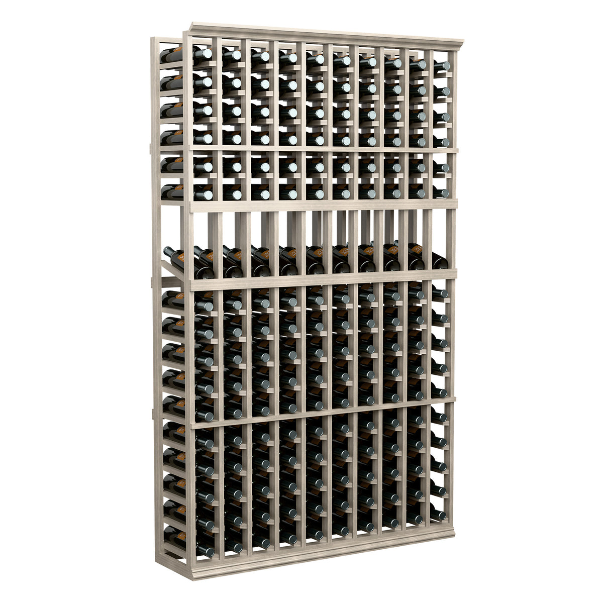 10-column wine bottle display rack, front view with bottle rows in a light wood frame