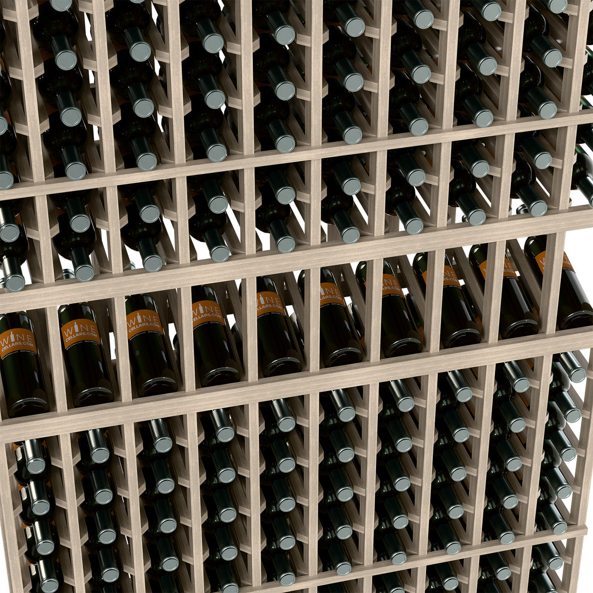 Close-up of 10-column wine rack with dark bottles and bottle necks in wooden compartments