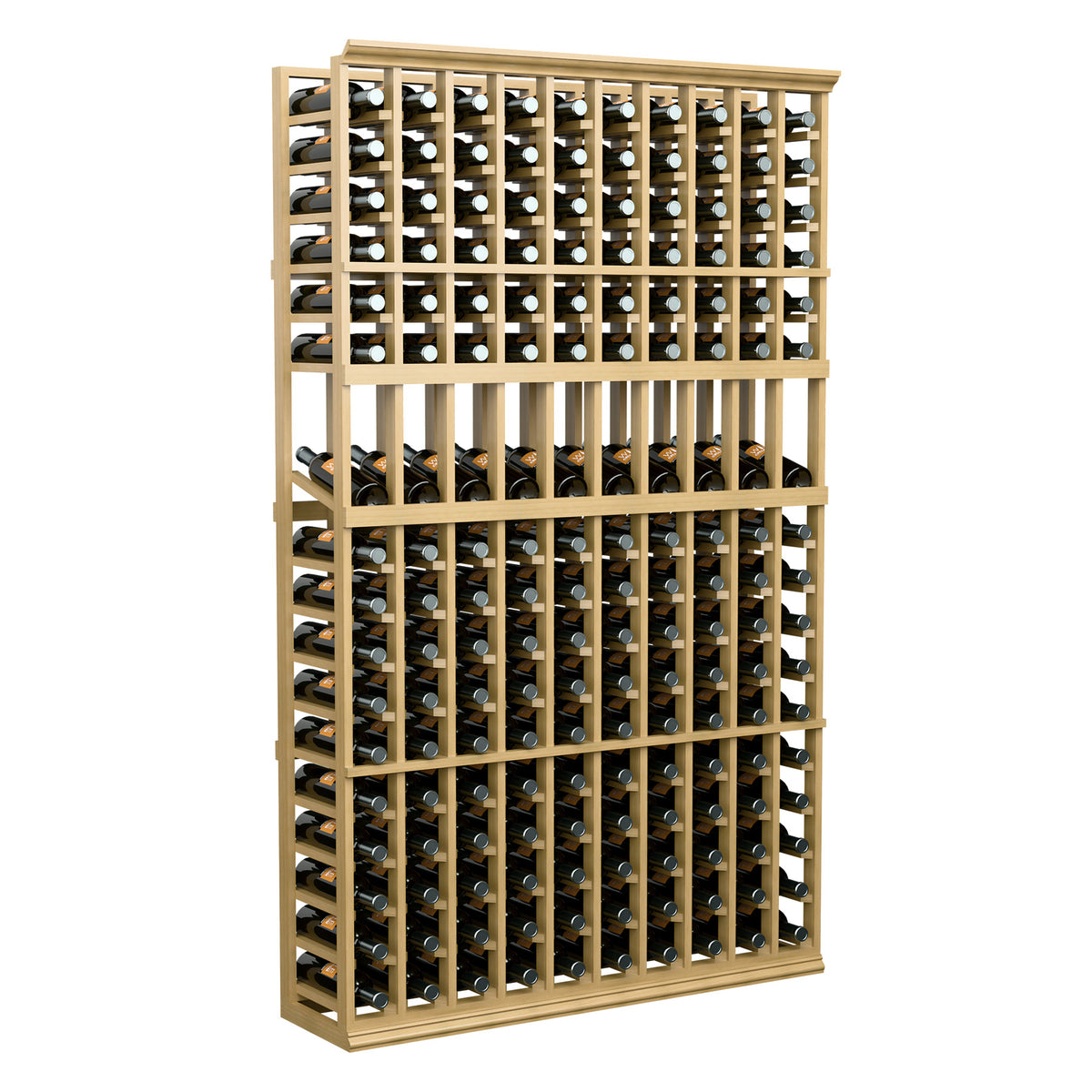 10-column wine bottle display rack, front view with evenly spaced bottle rows in light frame