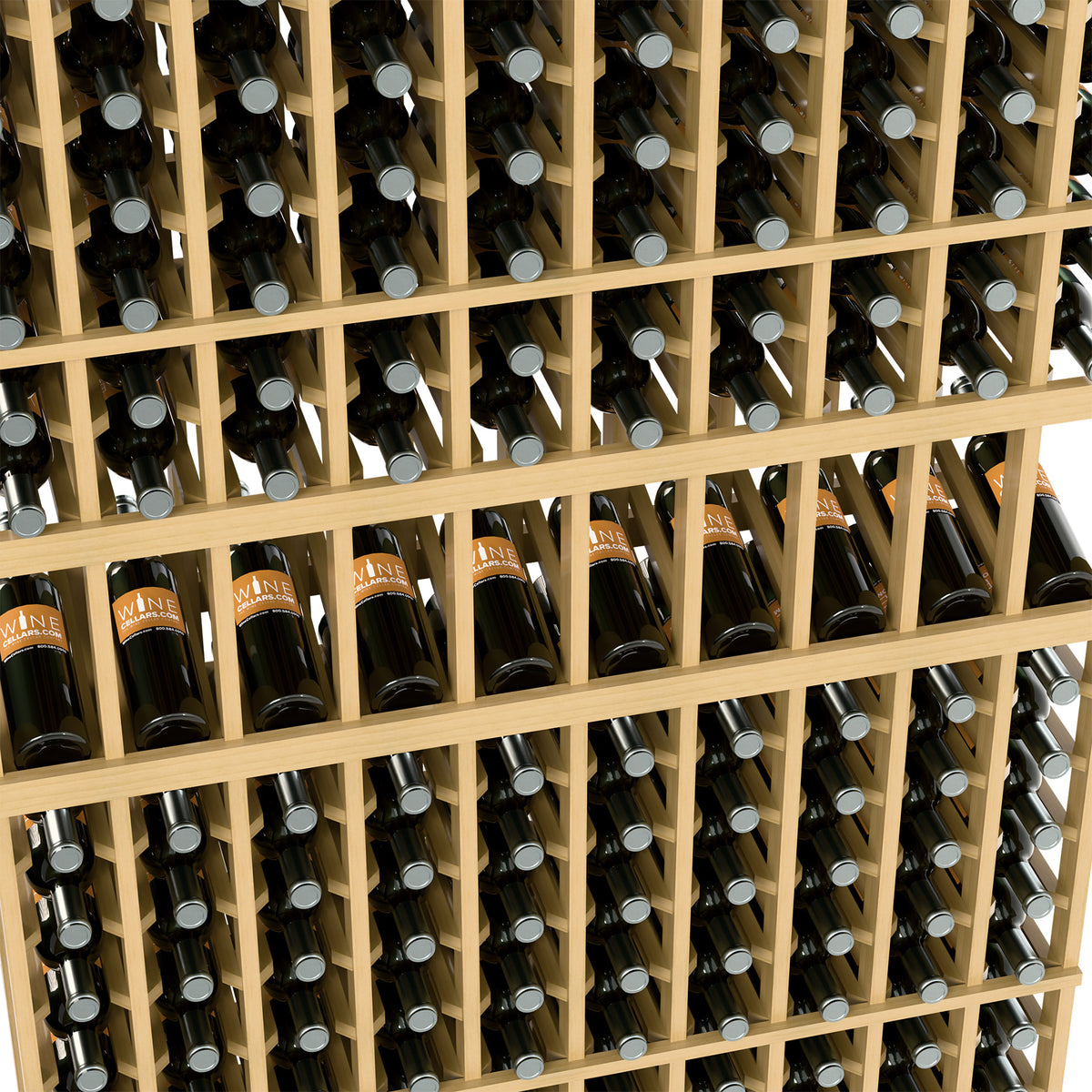Close-up of 10-column wine rack with dark bottles in wooden bottle compartments