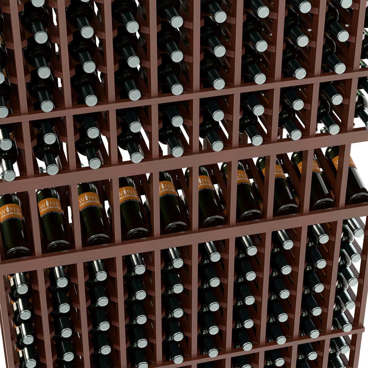 Close-up of dark wood wine bottle rack holding bottles in grid cubby slots
