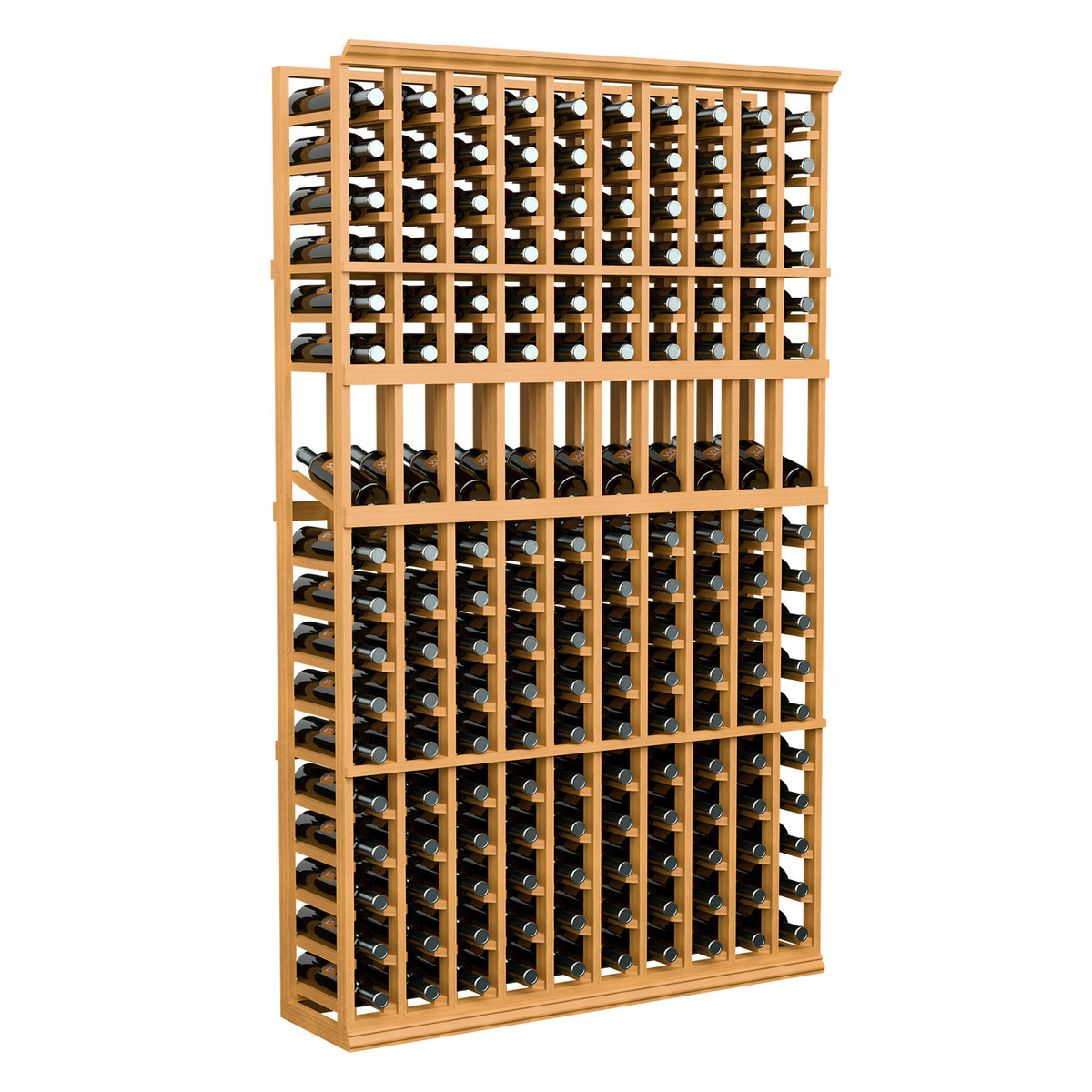 Wood wine bottle display rack with 10 rows and multiple cubby slots, light finish