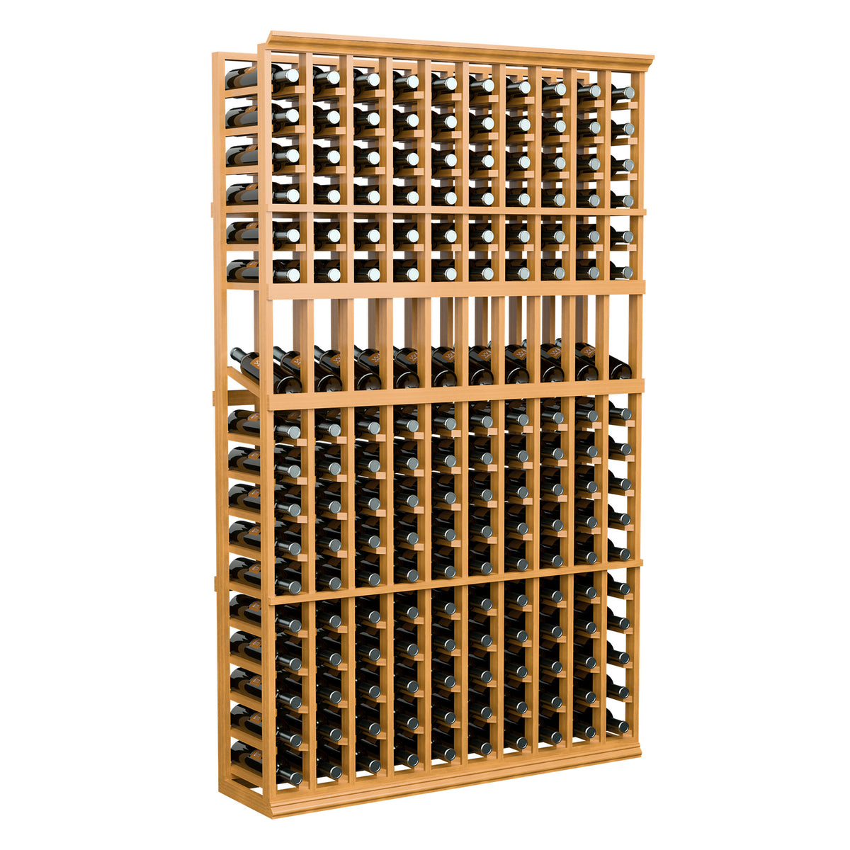 Wood wine bottle display rack with 10 rows and multiple cubby slots, light finish