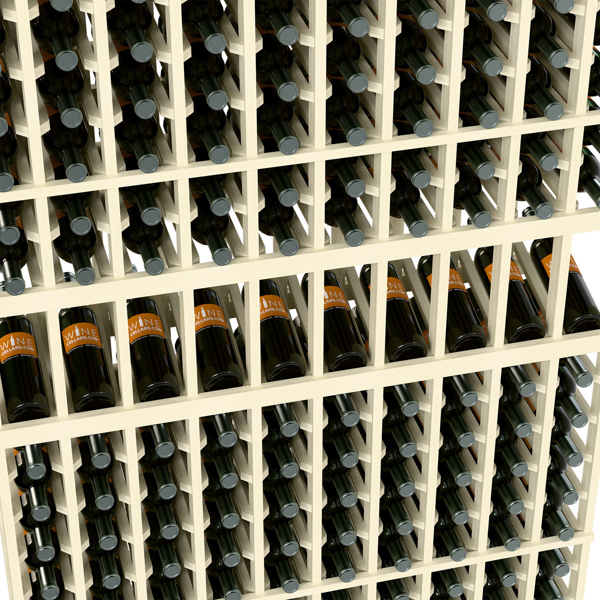 Close-up of white wood wine bottle rack holding bottles in grid cubby slots