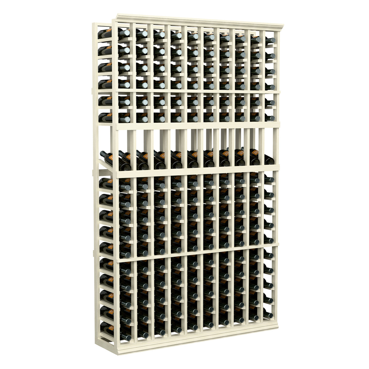 Wood wine bottle display rack with 10 rows and multiple cubby slots, white finish
