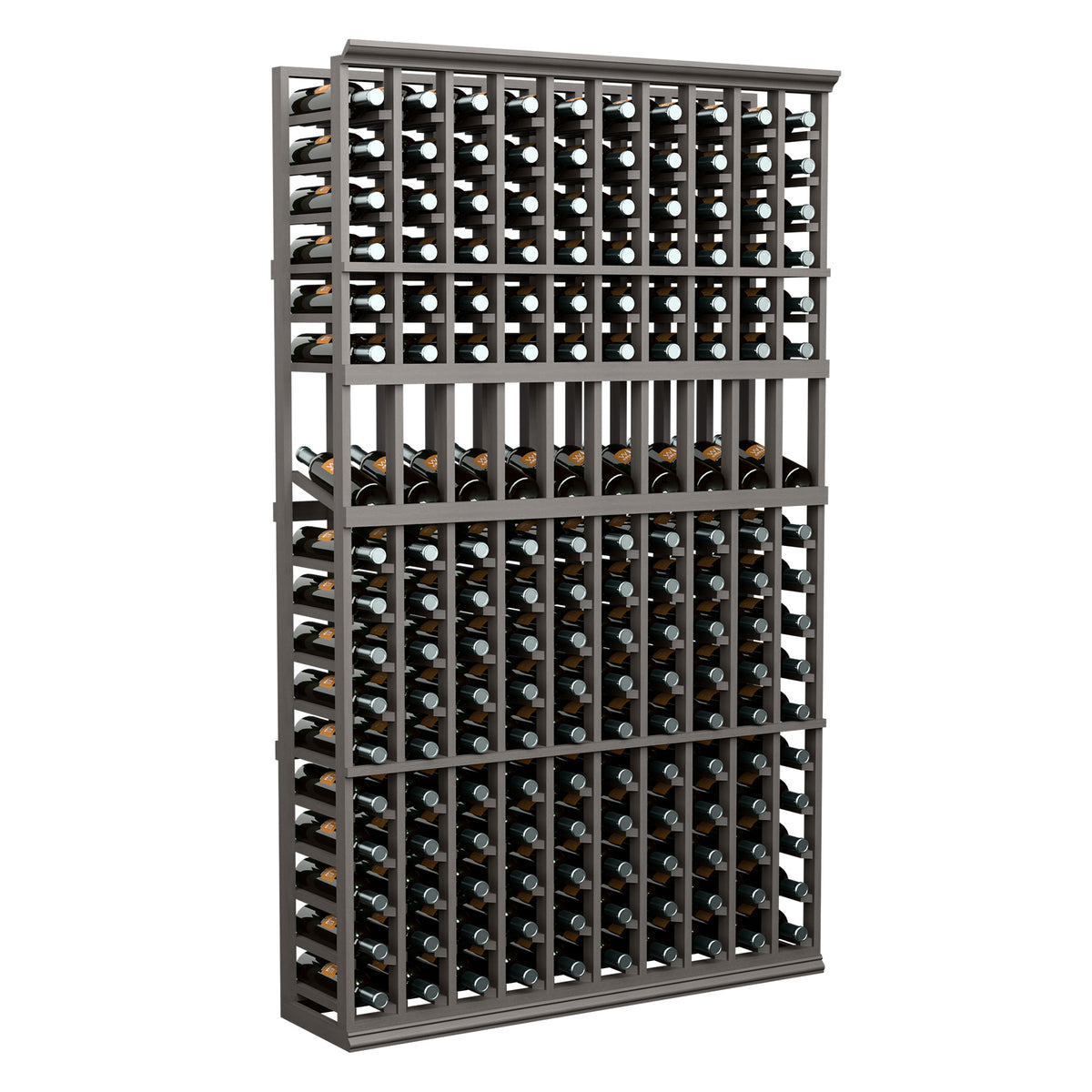 Black wine bottle display rack with wire-grid slots for many bottles