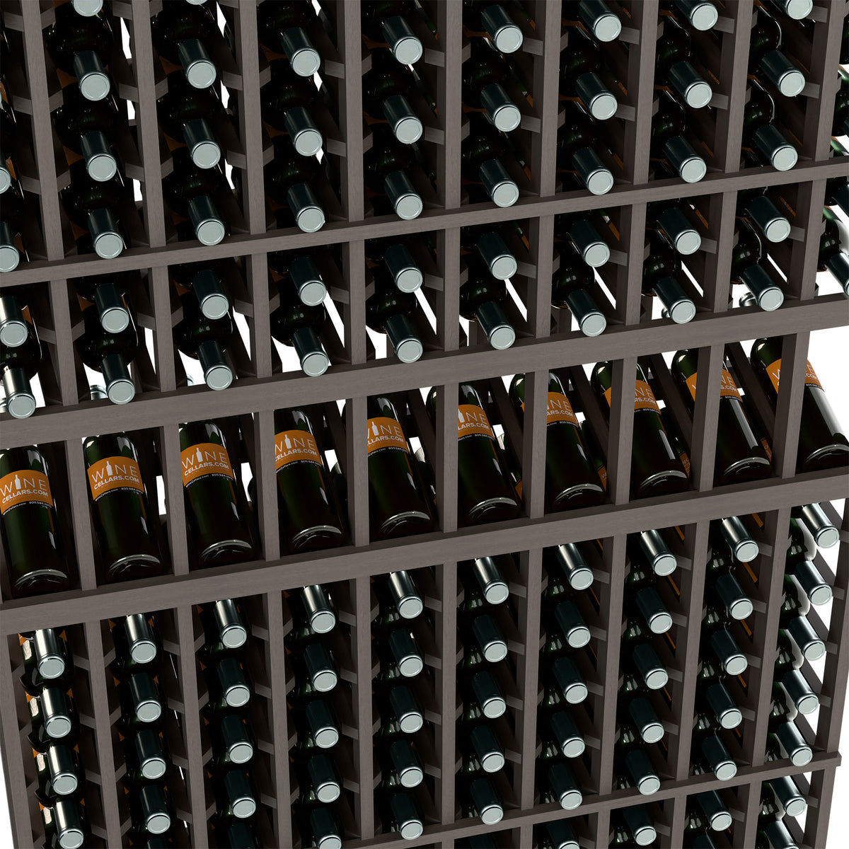 Close-up of black wine bottle rack with rows of bottles in cubby slots