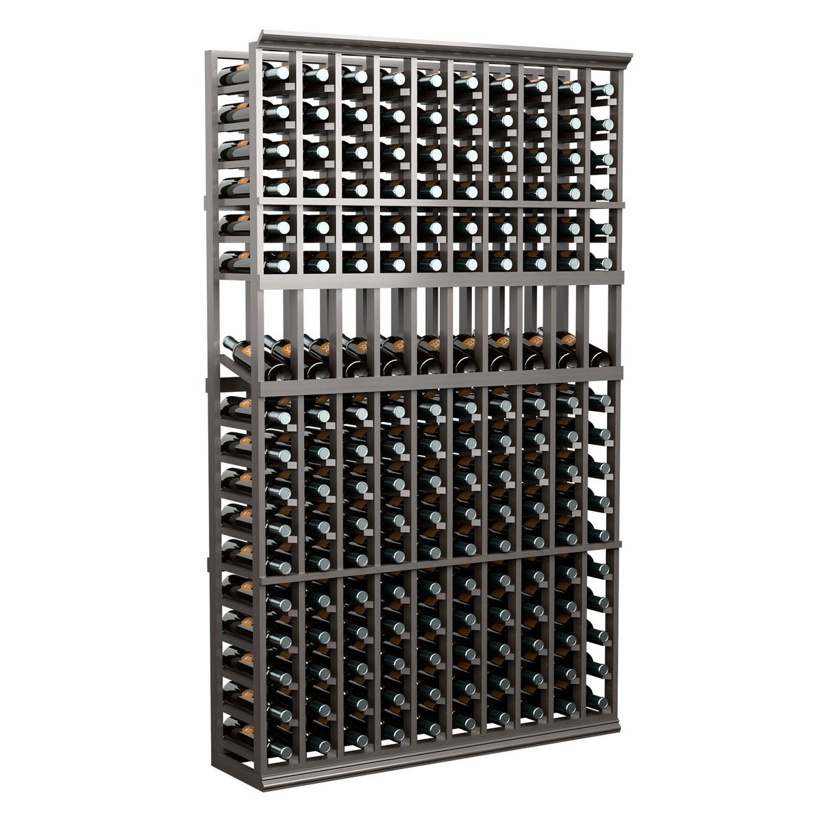 Black wine bottle display rack with multiple rows of bottle storage compartments