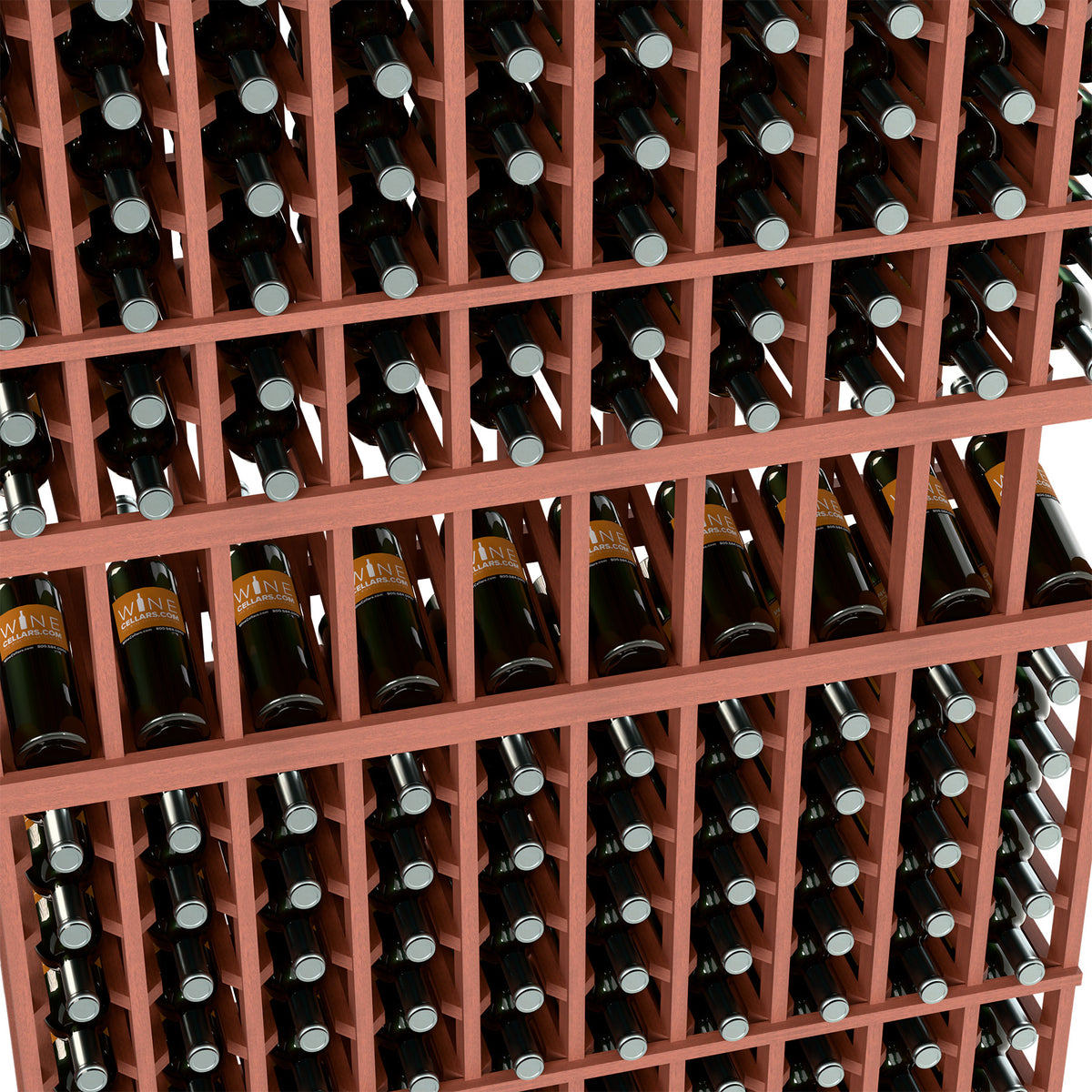 Close-up of red-toned wine bottle rack with bottles in front-facing grid slots