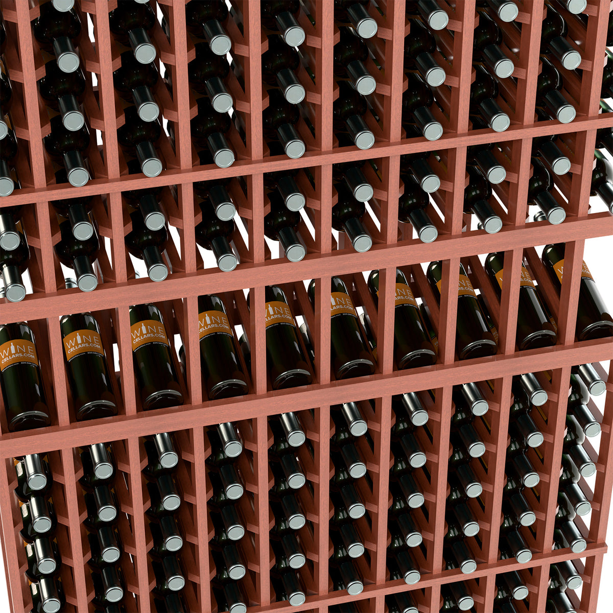 Close-up of red wine rack showing bottles in a repeating grid of openings