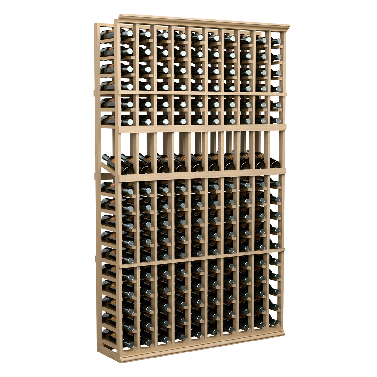 Light wood wine bottle display rack with grid slots holding bottles