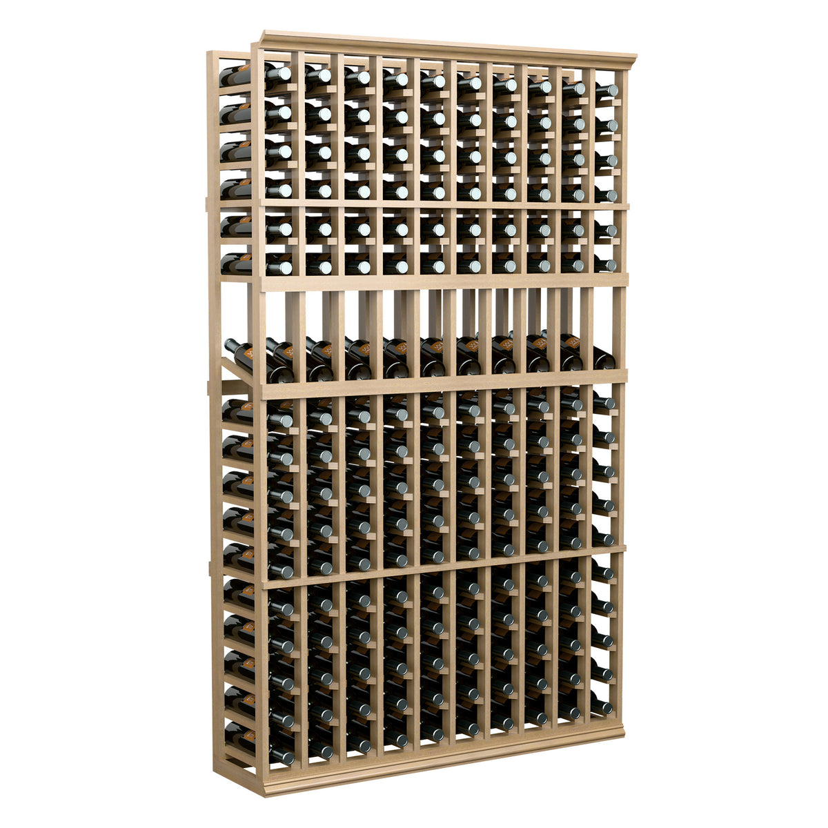 10-column wine bottle display rack with light wood frame and bottle slots