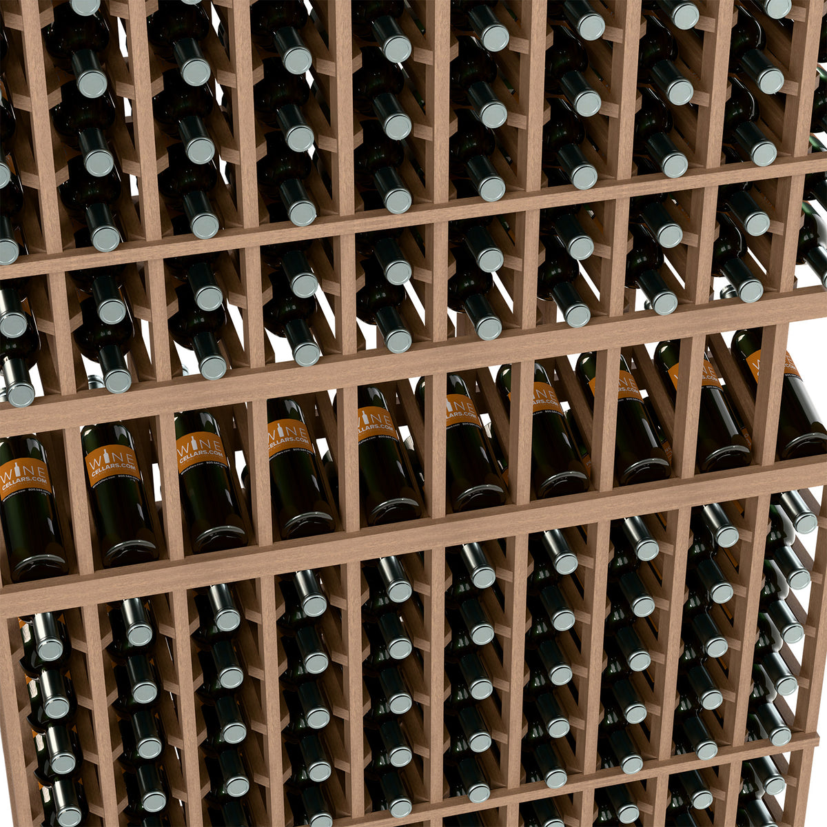 Wine bottle display rack close-up showing light wood grid and bottle openings