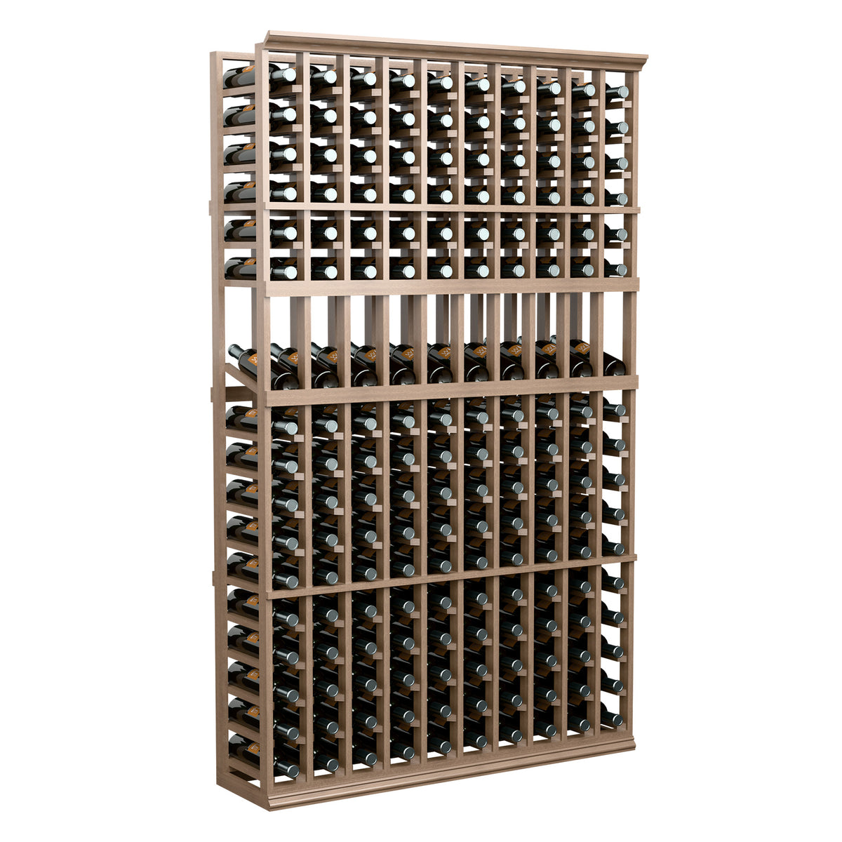 10-column wine bottle display rack in light wood with stacked bottle storage rows