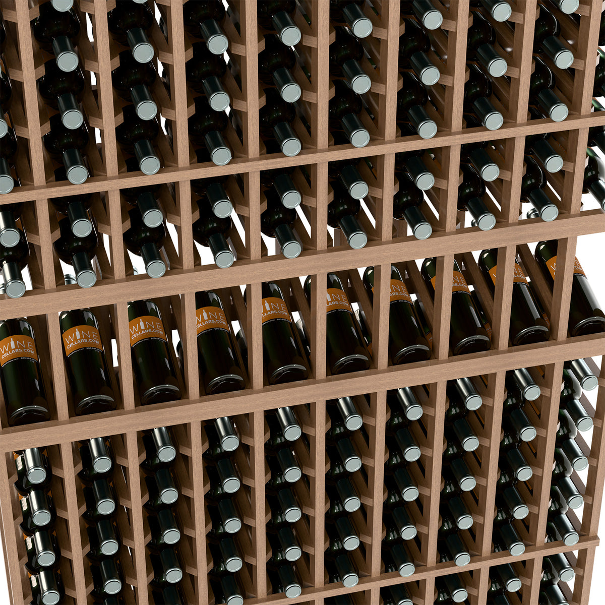 Wine bottle display rack close-up with light wood lattice and bottles in slots