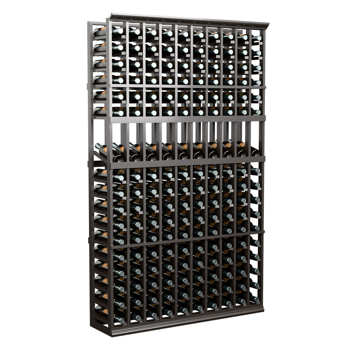 10-column wine bottle display rack with dark frame and multiple bottle rows