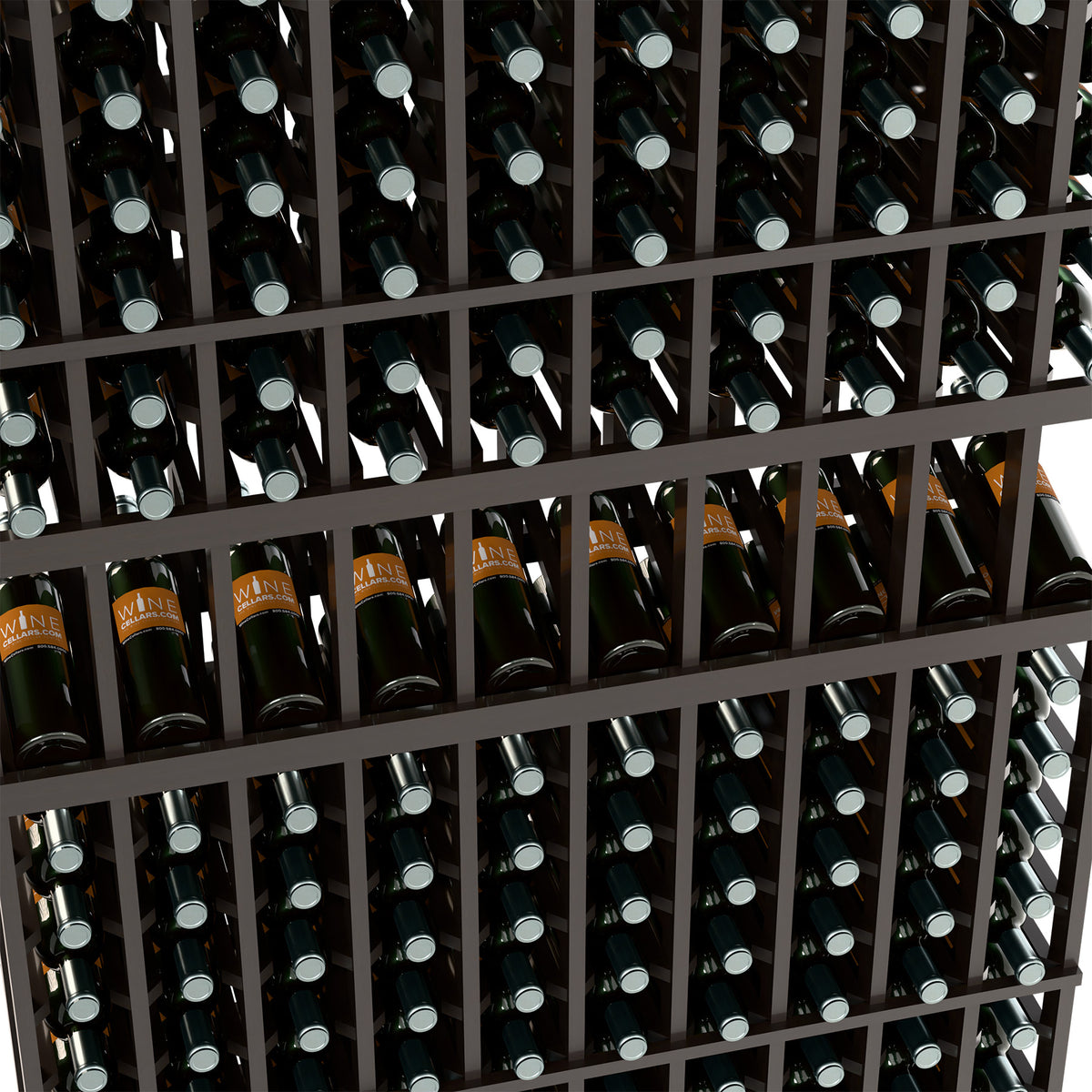 Wine bottle display rack close-up showing dark grid and bottles in compartments