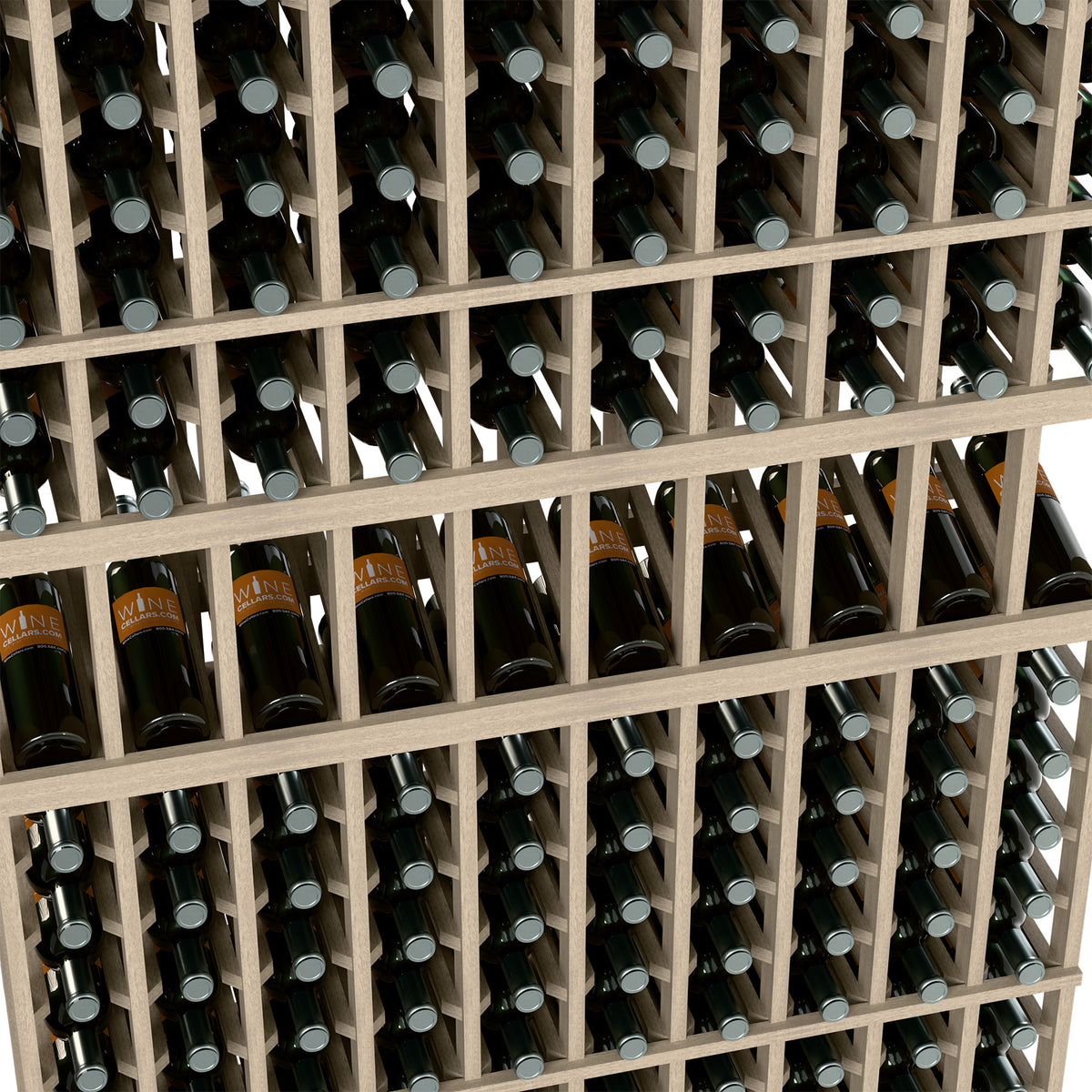 Wine bottle display rack with grid shelves holding bottles upright in square slots