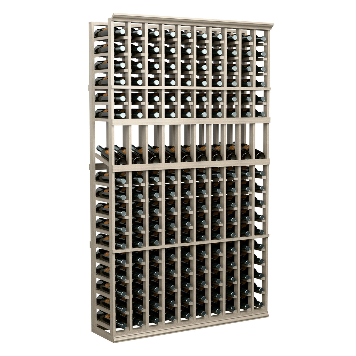 10-column wine bottle display rack, light wood frame with front bottle rows