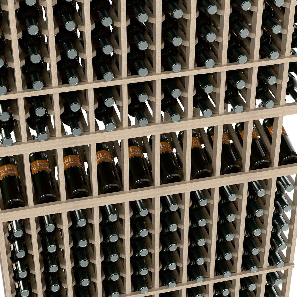 Close-up of wine bottle display rack showing bottle necks in front row slots