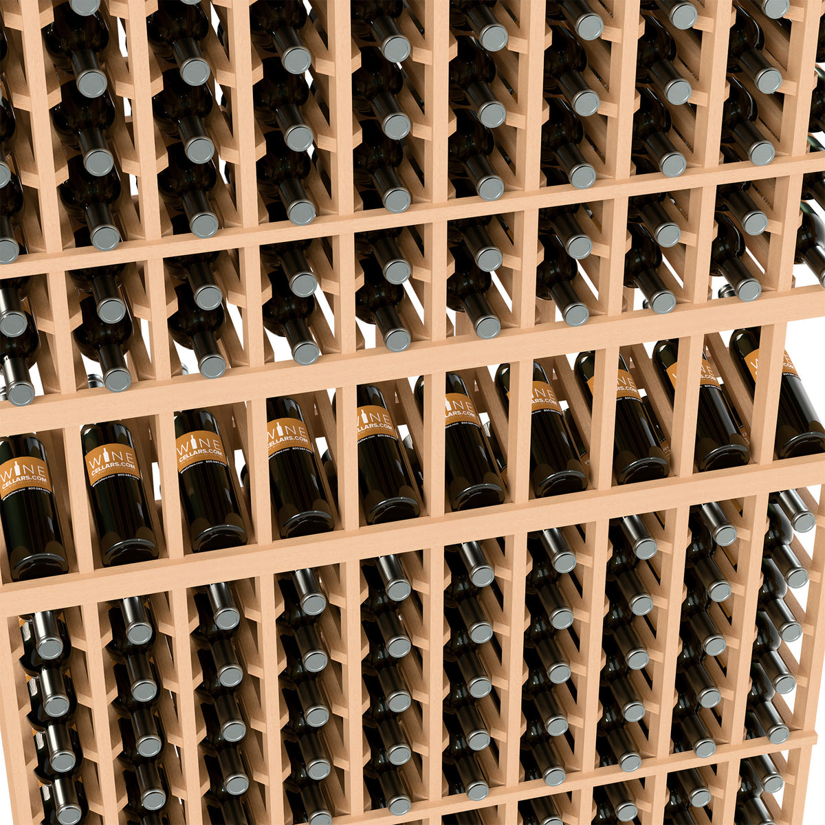 Wine bottle rack interior with natural wood grid holding bottles upright in rows