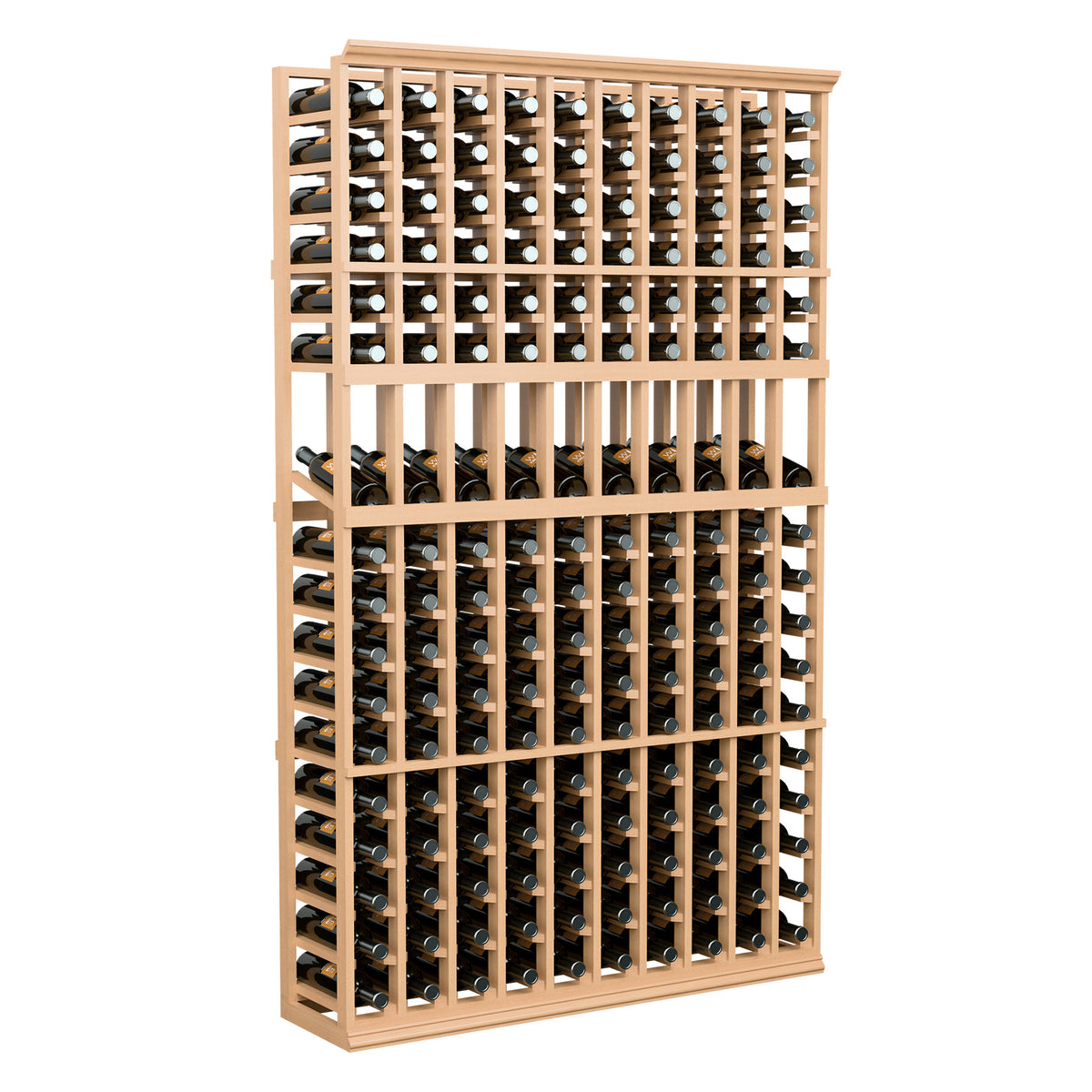 10-column wine bottle display rack, natural wood frame with front bottle openings