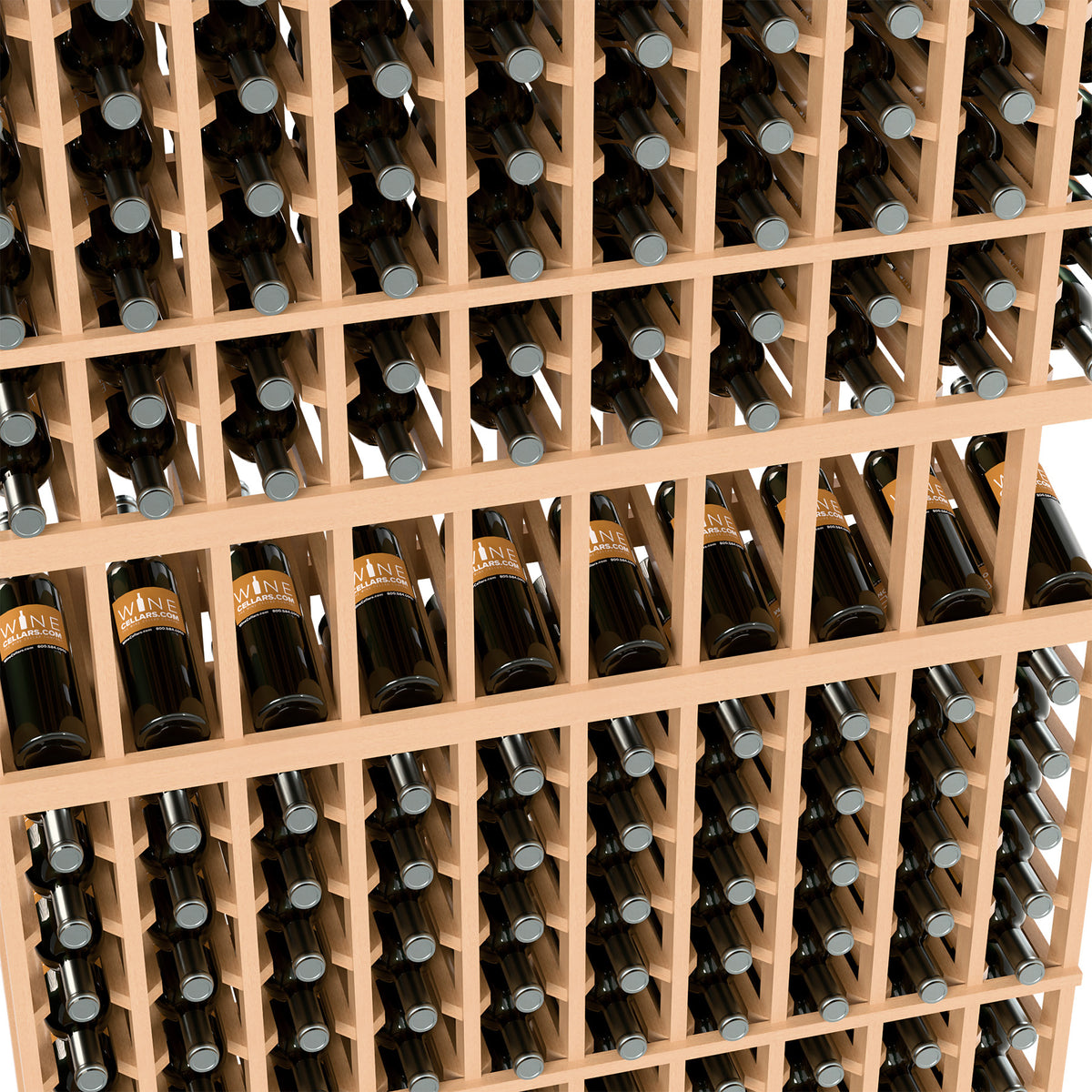 Close-up of natural wood wine rack showing bottles stored in rectangular slots