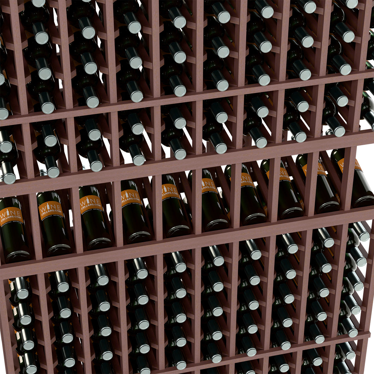 Close-up of dark wood wine bottle display rack holding bottles upright in grid