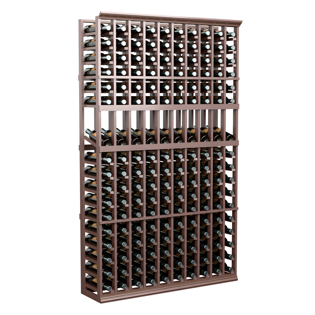 10-column wine display rack with dark wood frame, holding green bottles with caps