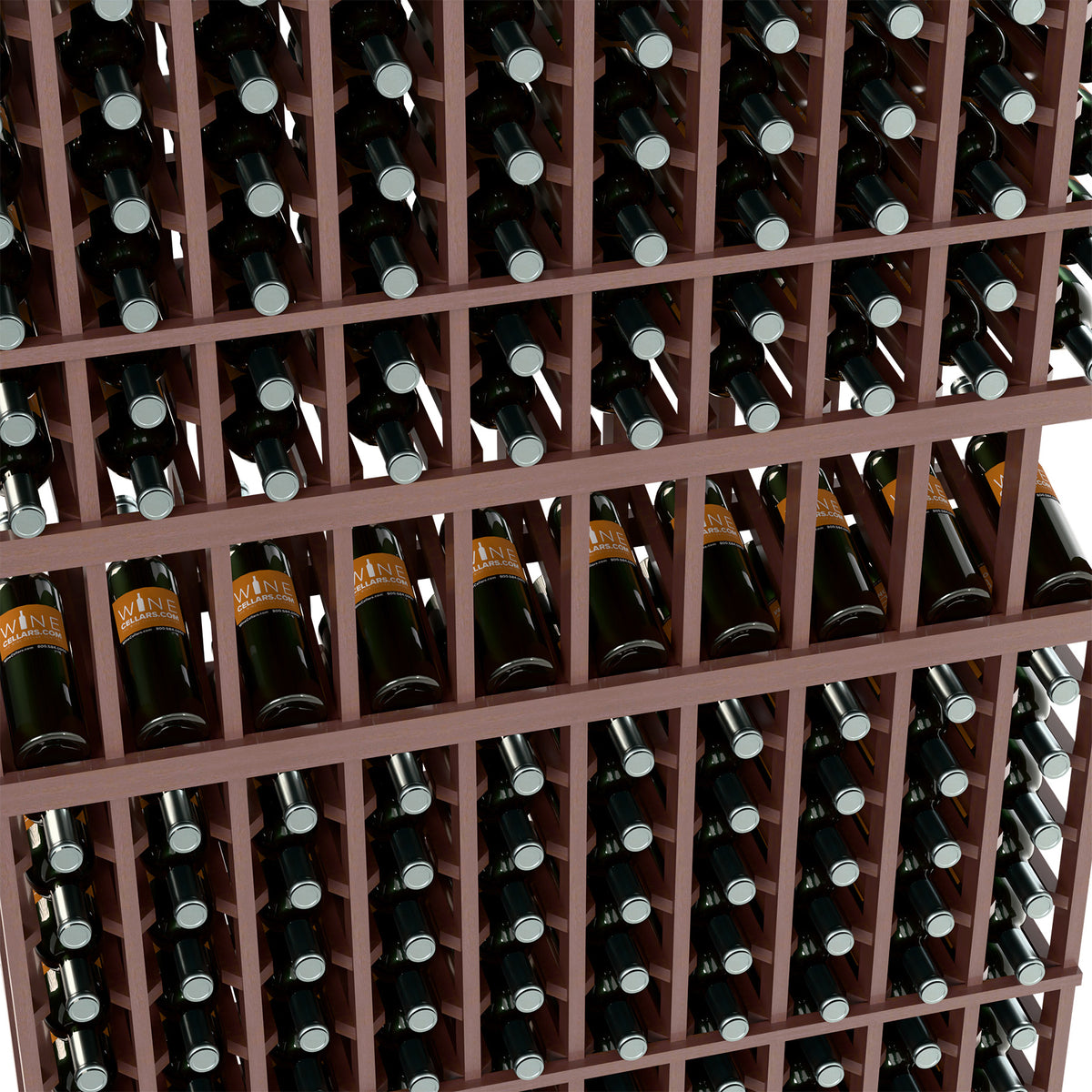 Wine bottle display rack close-up: dark wood grid with green bottles in rows