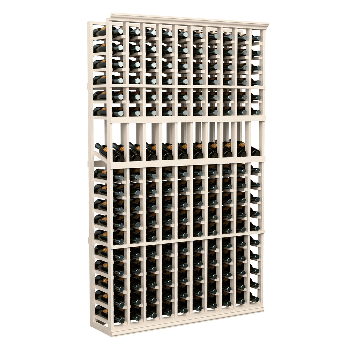 10-column wine display rack with white frame, holding dark wine bottles and caps