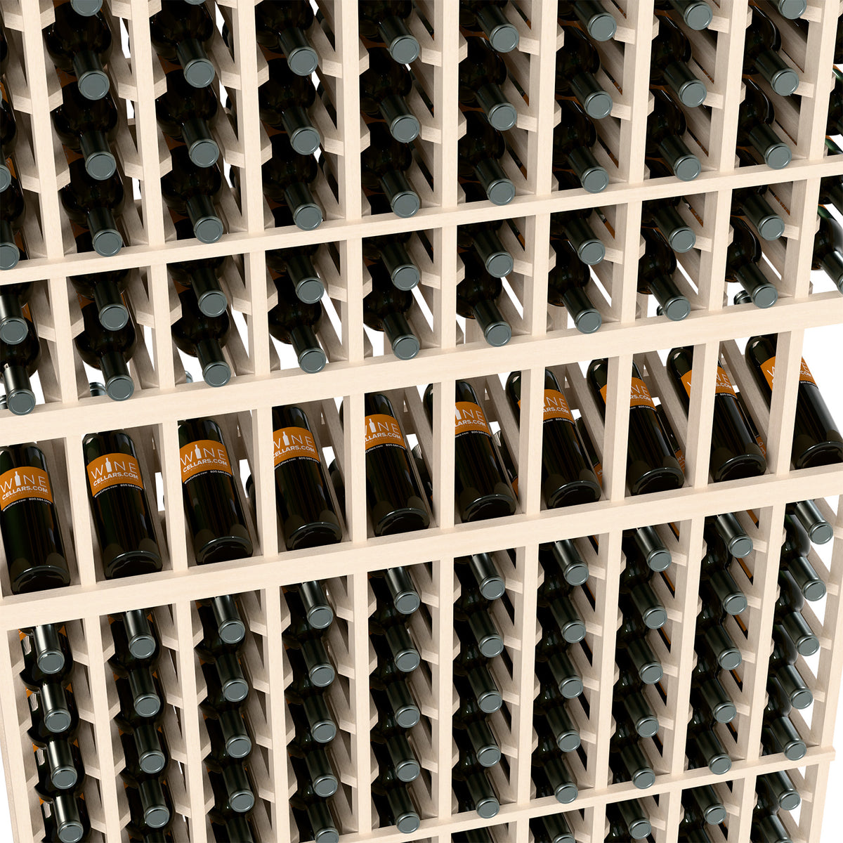 Wine bottle display rack close-up: white grid with dark bottles and silver caps