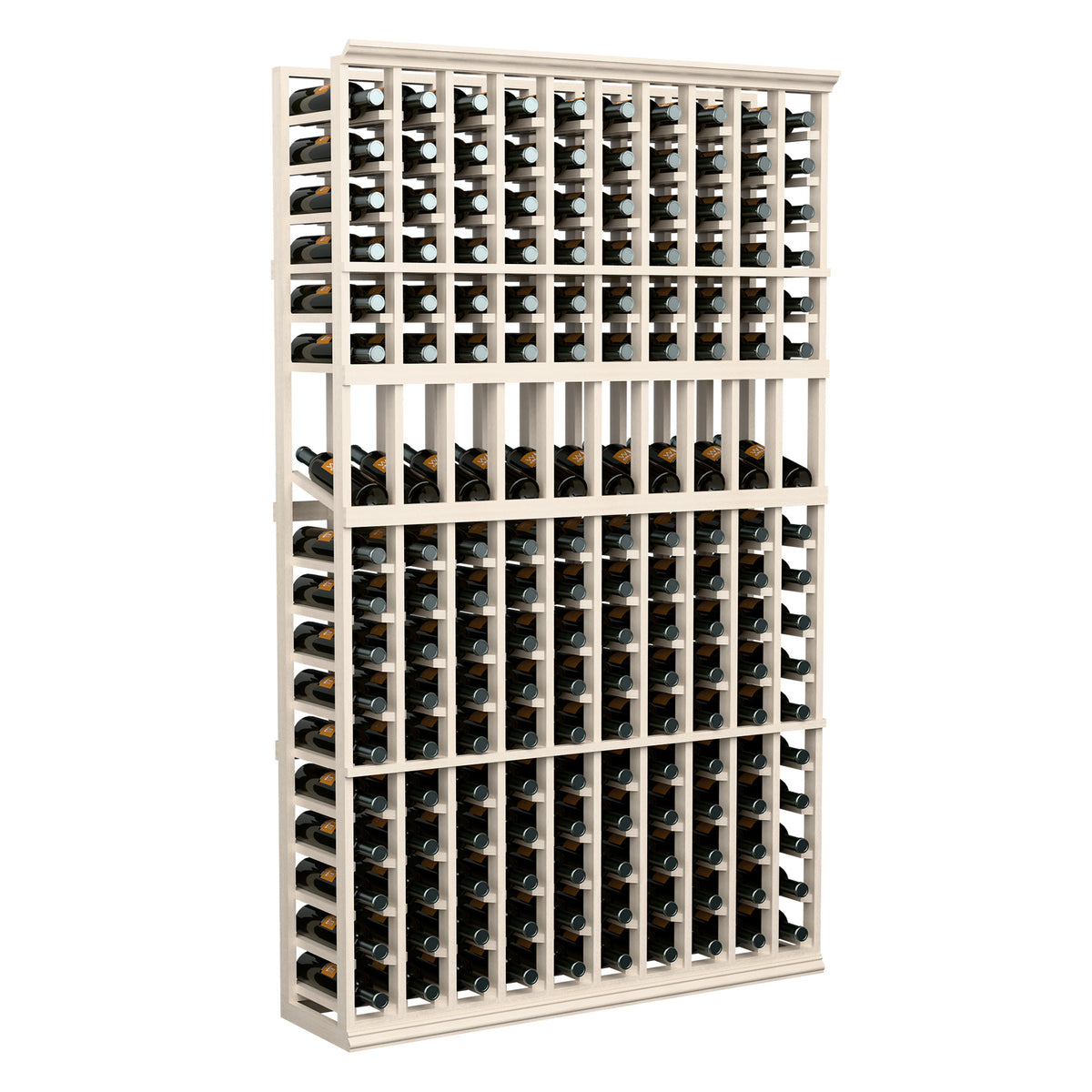 10-column wine display rack with white frame, holding dark wine bottles in slots