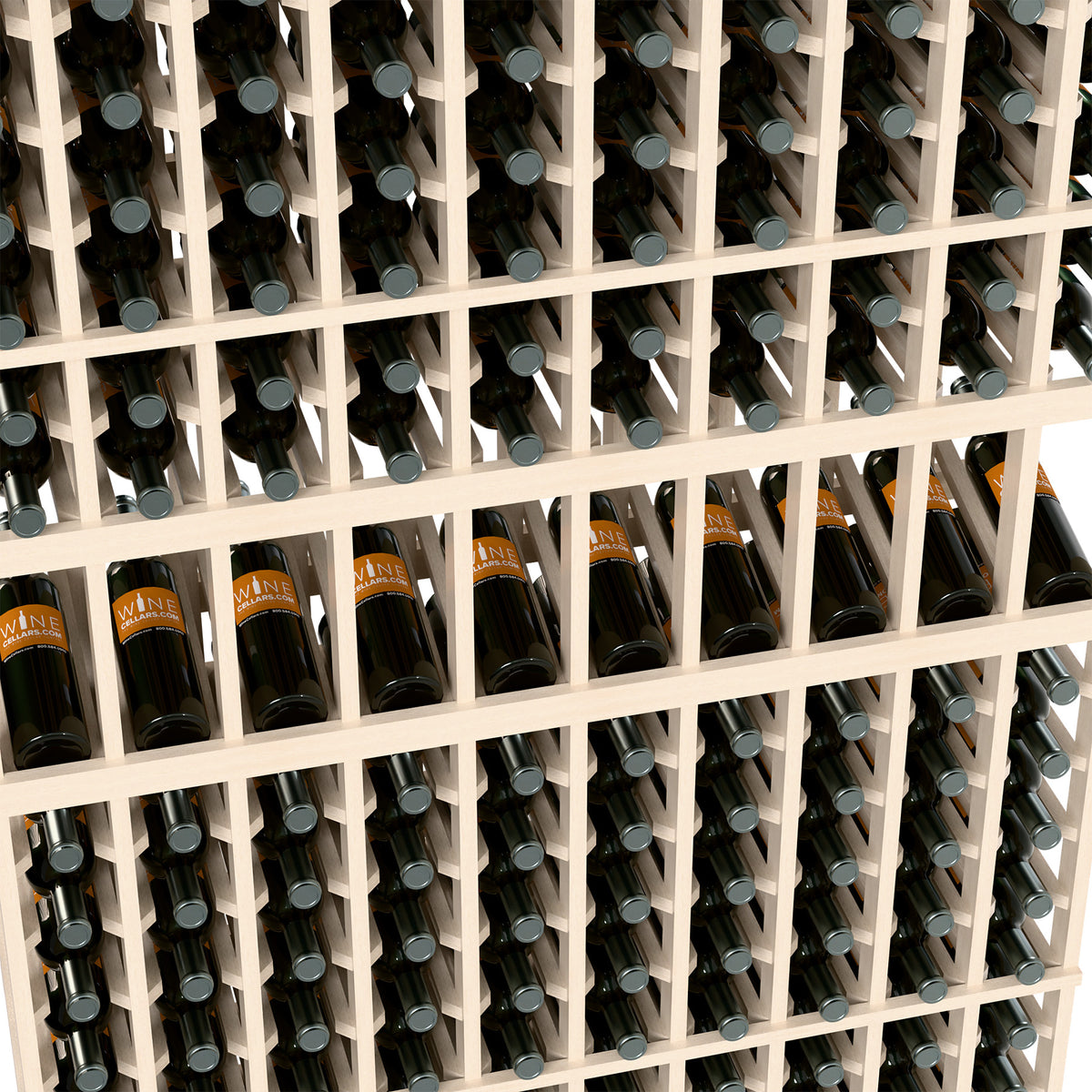 Wine bottle display rack close-up: white grid with dark bottles and silver caps