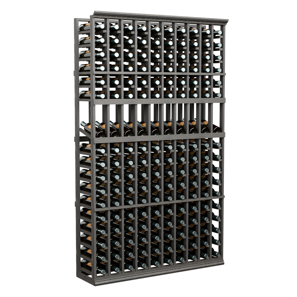 10-column wine bottle display rack, 6-ft tall, black frame with front bottle openings