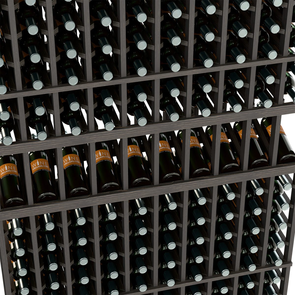 Black wine bottle rack interior with bottles stored in cubby slots across multiple rows