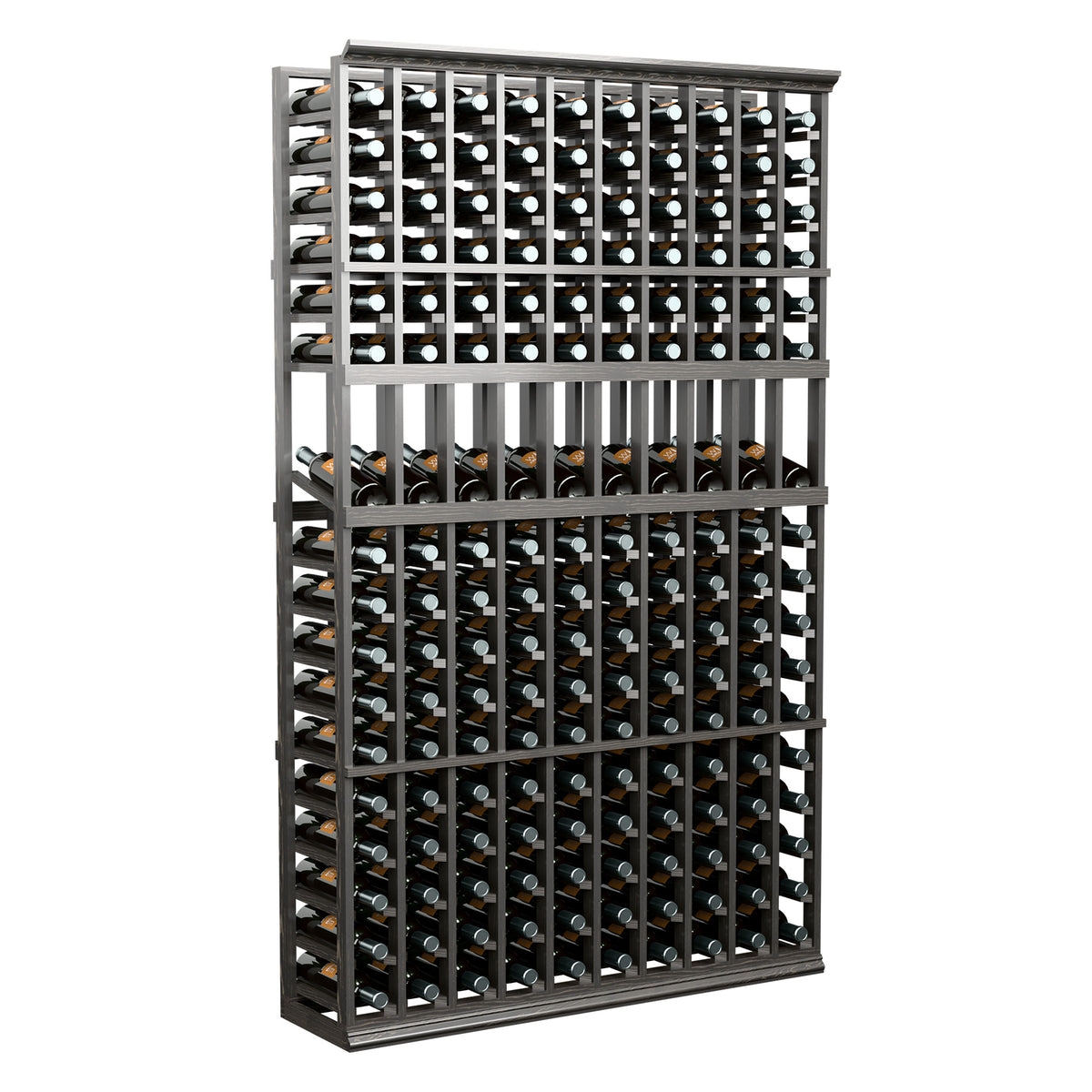 10-column wine bottle display rack, 6-ft tall, black frame with bottles in front rows