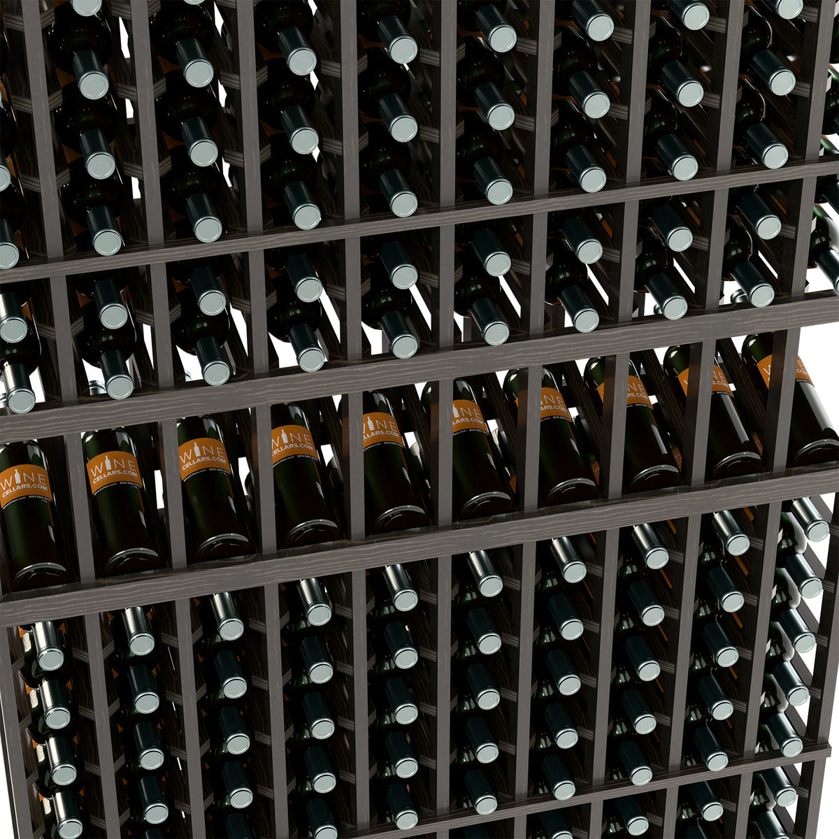 Black wine bottle rack showing bottle necks in the slots and wooden dividers