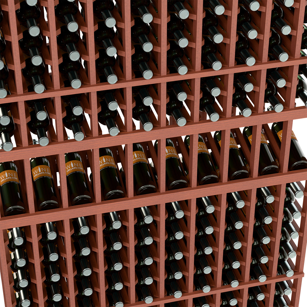 Reddish wood wine bottle rack interior with bottles arranged in cubby slots