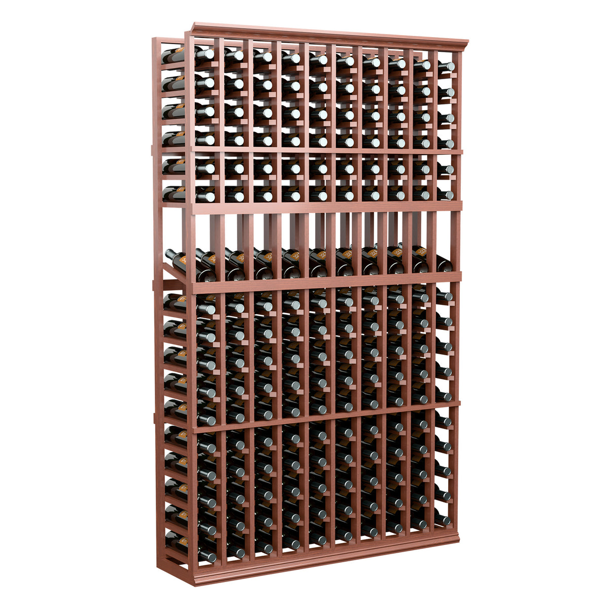 10-column wine bottle display rack, 6-ft tall, reddish wood frame with bottles in rows