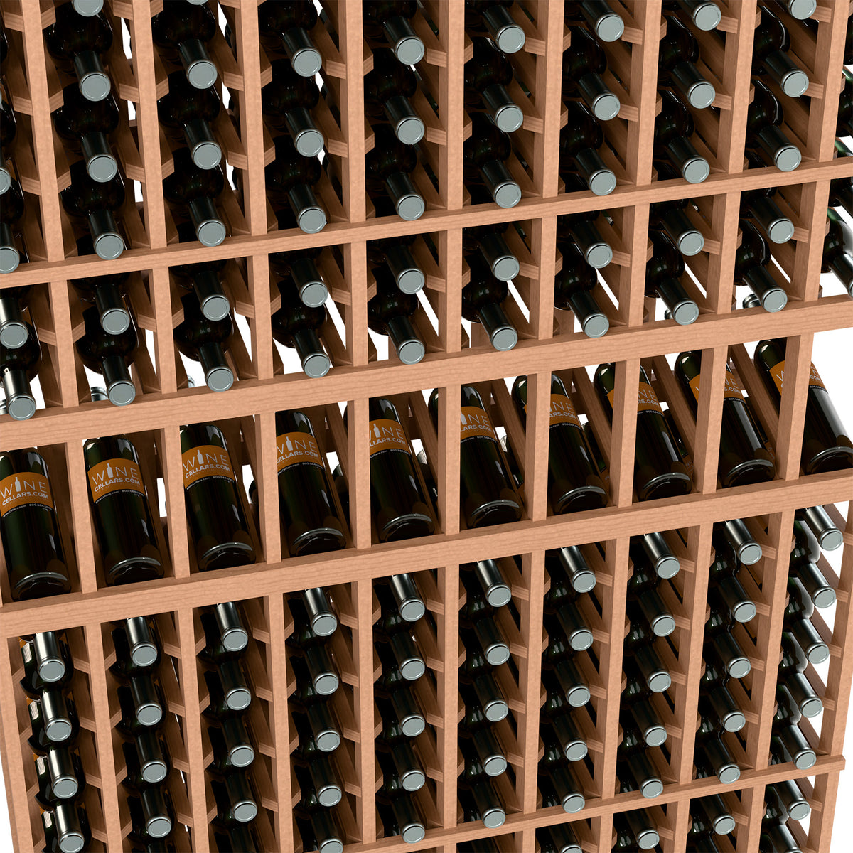 Light reddish wine bottle rack interior with bottles in rows and vertical wooden dividers
