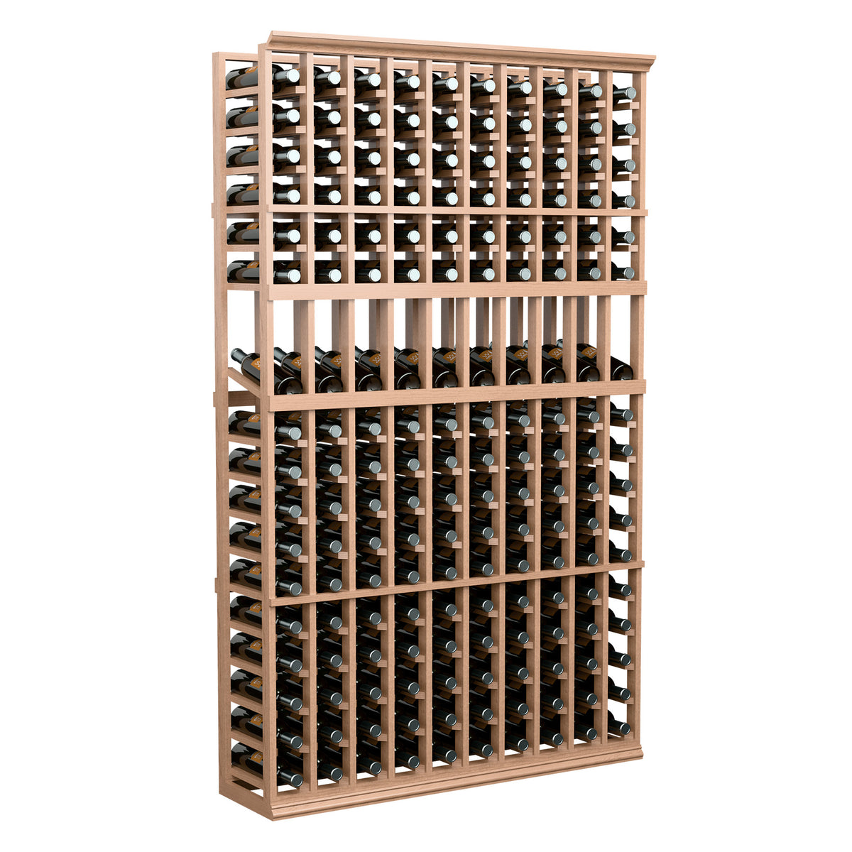 10-column wine bottle display rack, light wood frame with metal supports and bottle holes
