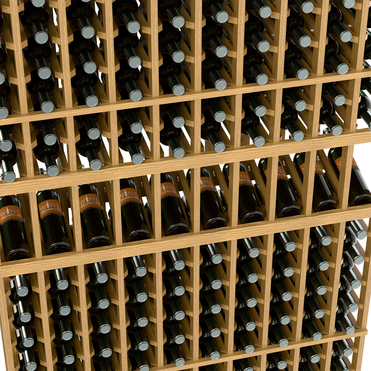 10-column wine bottle display rack close-up, light wood grid and wine bottles in rows