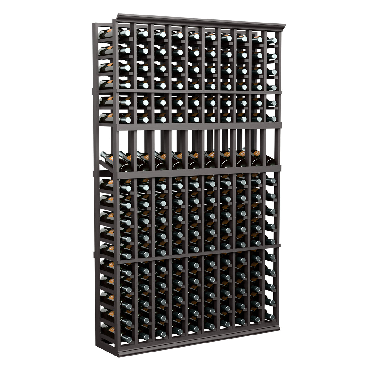 10-column wine bottle display rack, black frame with bottle slots and full front grid