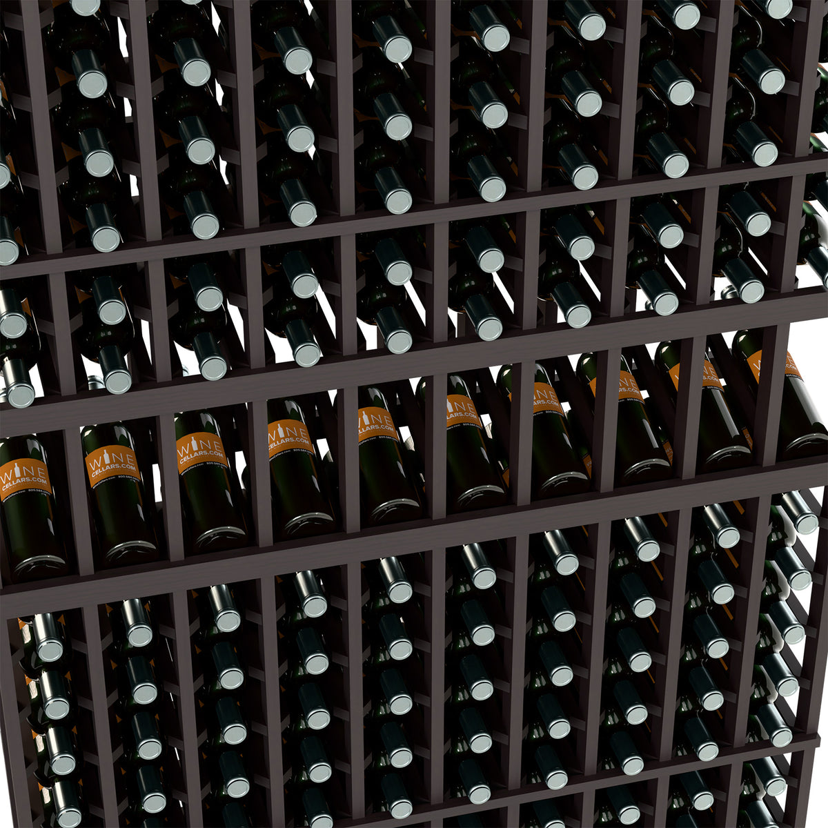 10-column wine bottle display rack close-up, black grid with wine bottles and bottle tops