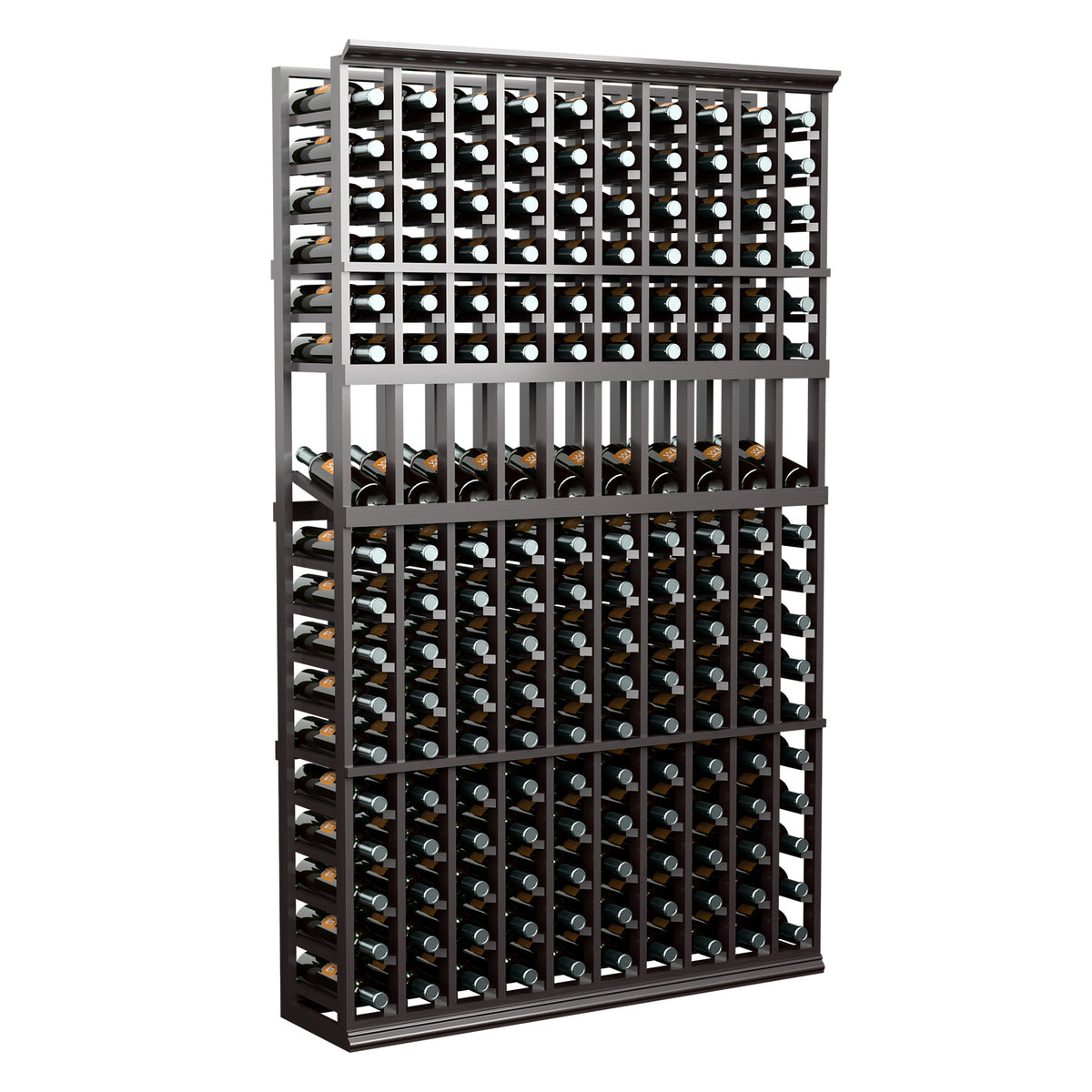 10-column wine bottle display rack, black frame showing top and middle bottle rows