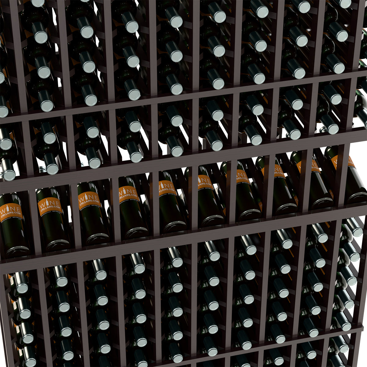 10-column wine bottle display rack close-up, black shelves with wine bottles in rows