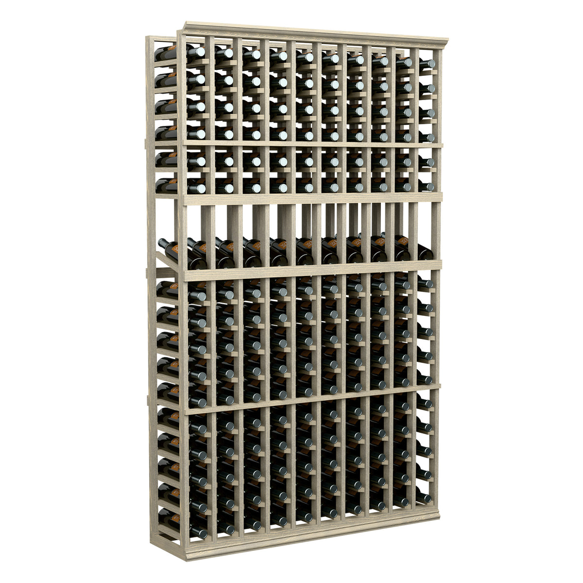 Wine bottle display rack with 3-tier grid and dark bottles, light wood frame.