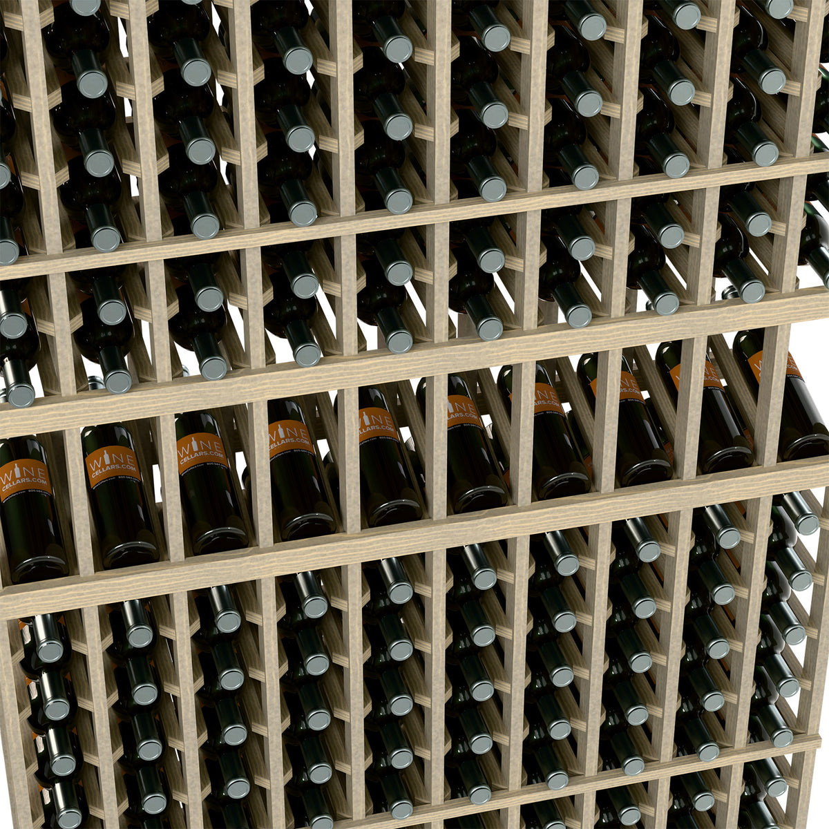 Close-up of wine bottle display rack showing bottle slots in a light wood grid.